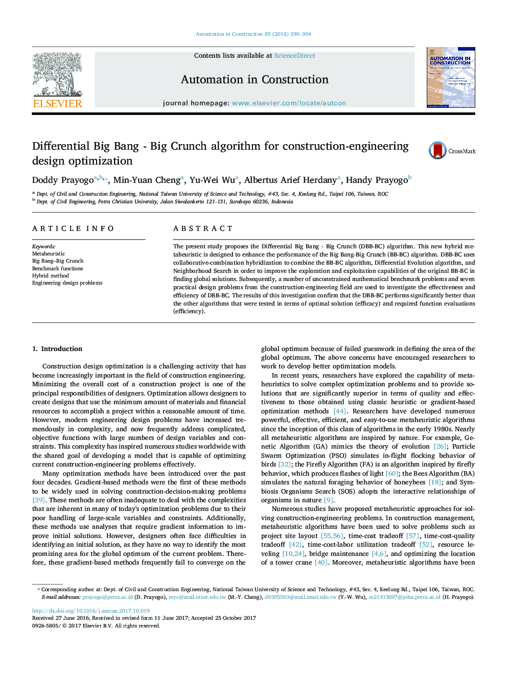 Differential Big Bang - Big Crunch algorithm for construction-engineering design optimization