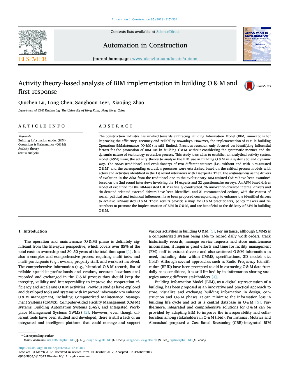 Activity theory-based analysis of BIM implementation in building O&M and first response