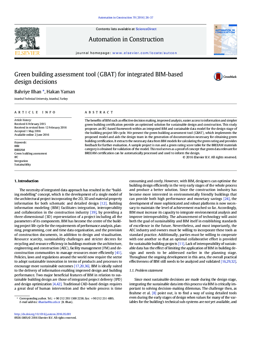 Green building assessment tool (GBAT) for integrated BIM-based design decisions