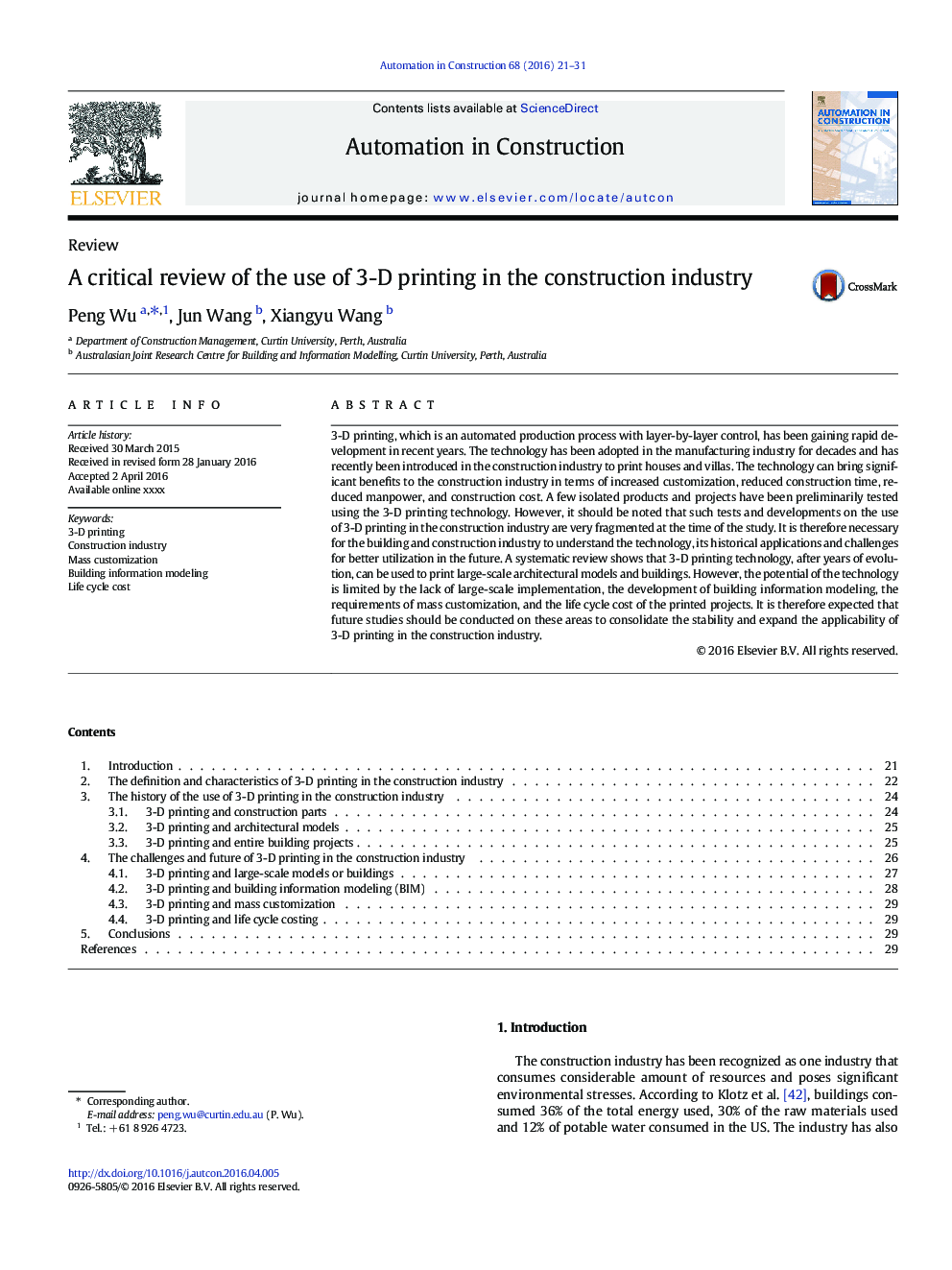 A critical review of the use of 3-D printing in the construction industry