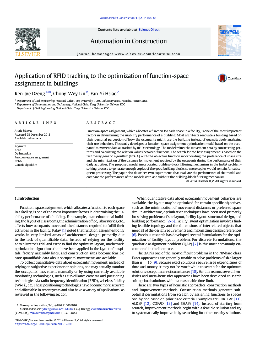 Application of RFID tracking to the optimization of function-space assignment in buildings