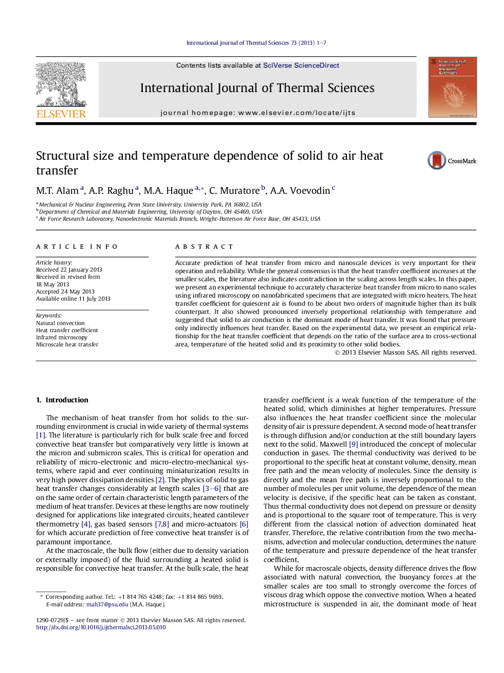 Structural size and temperature dependence of solid to air heat transfer