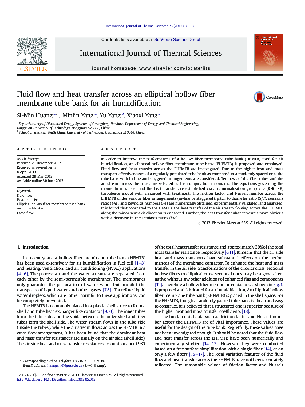 Fluid flow and heat transfer across an elliptical hollow fiber membrane tube bank for air humidification