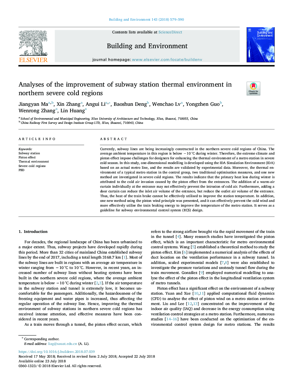 Analyses of the improvement of subway station thermal environment in northern severe cold regions