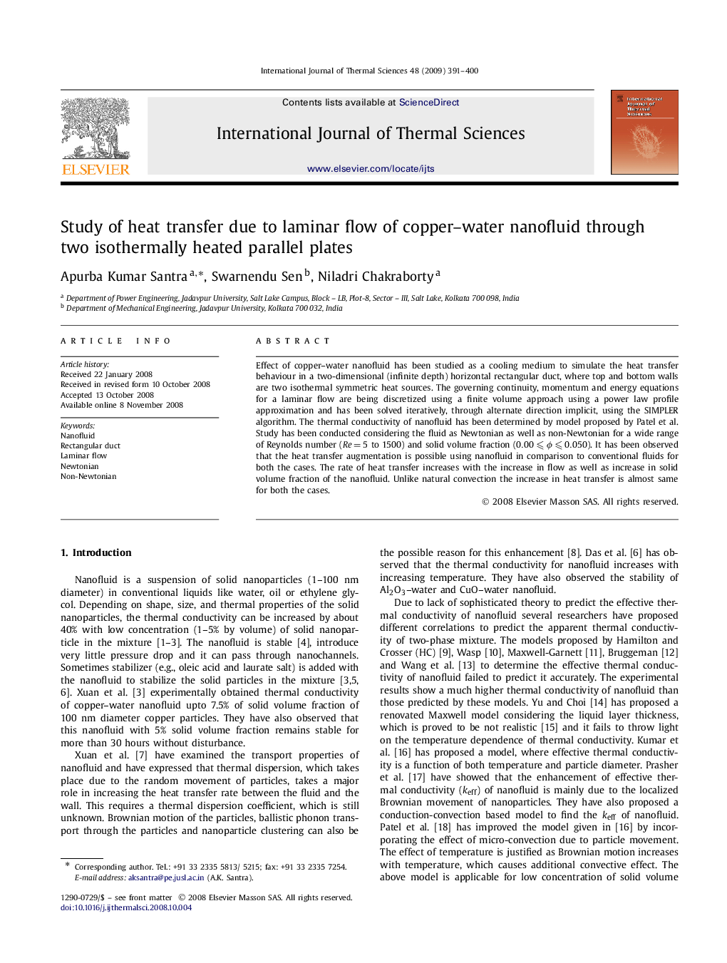 Study of heat transfer due to laminar flow of copper–water nanofluid through two isothermally heated parallel plates