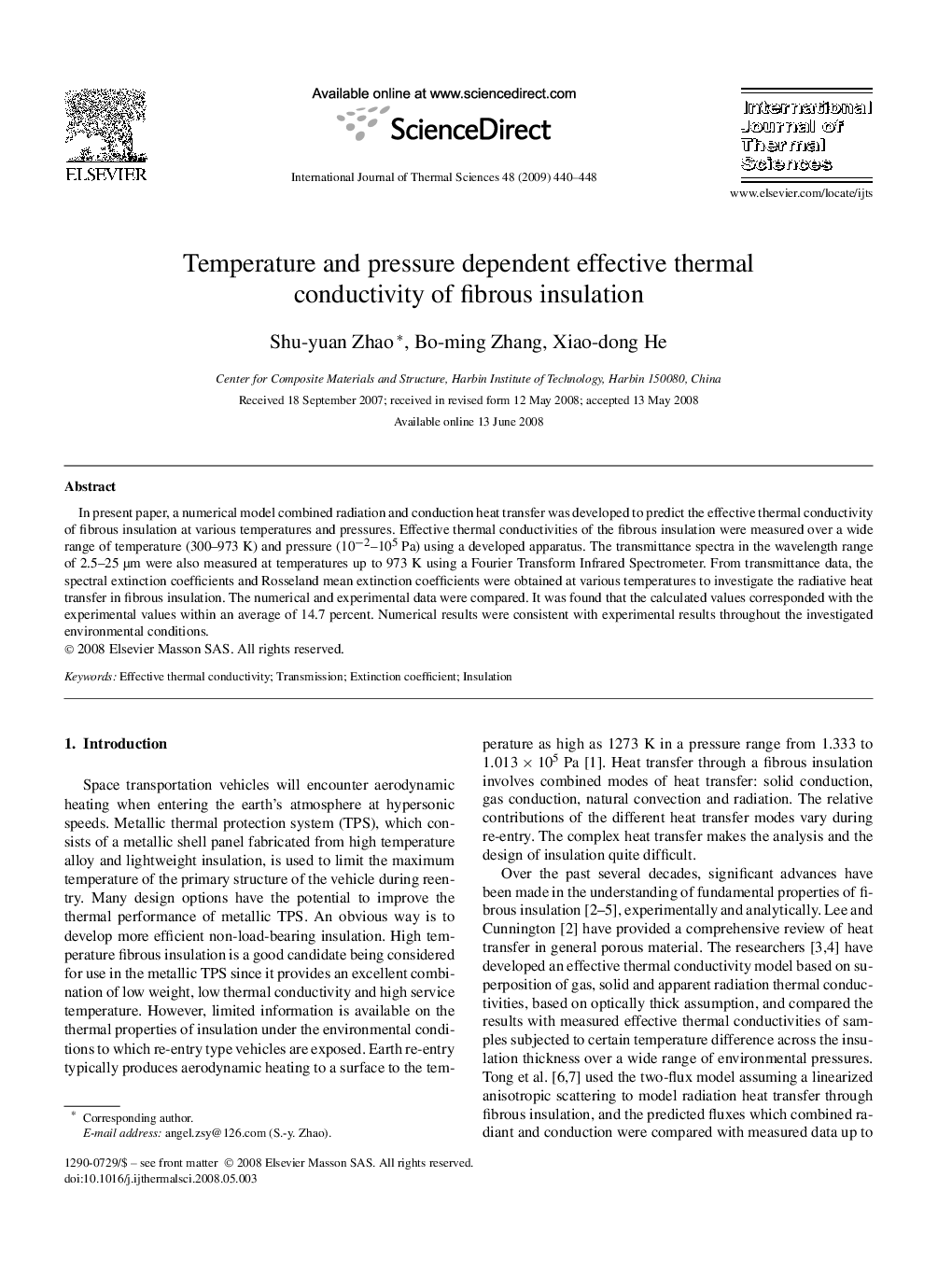 عکس صفحه اول مقاله: Temperature and pressure dependent effective thermal conductivity of fibrous insulation Temperature and pressure dependent effective thermal conductivity of fibrous insulation