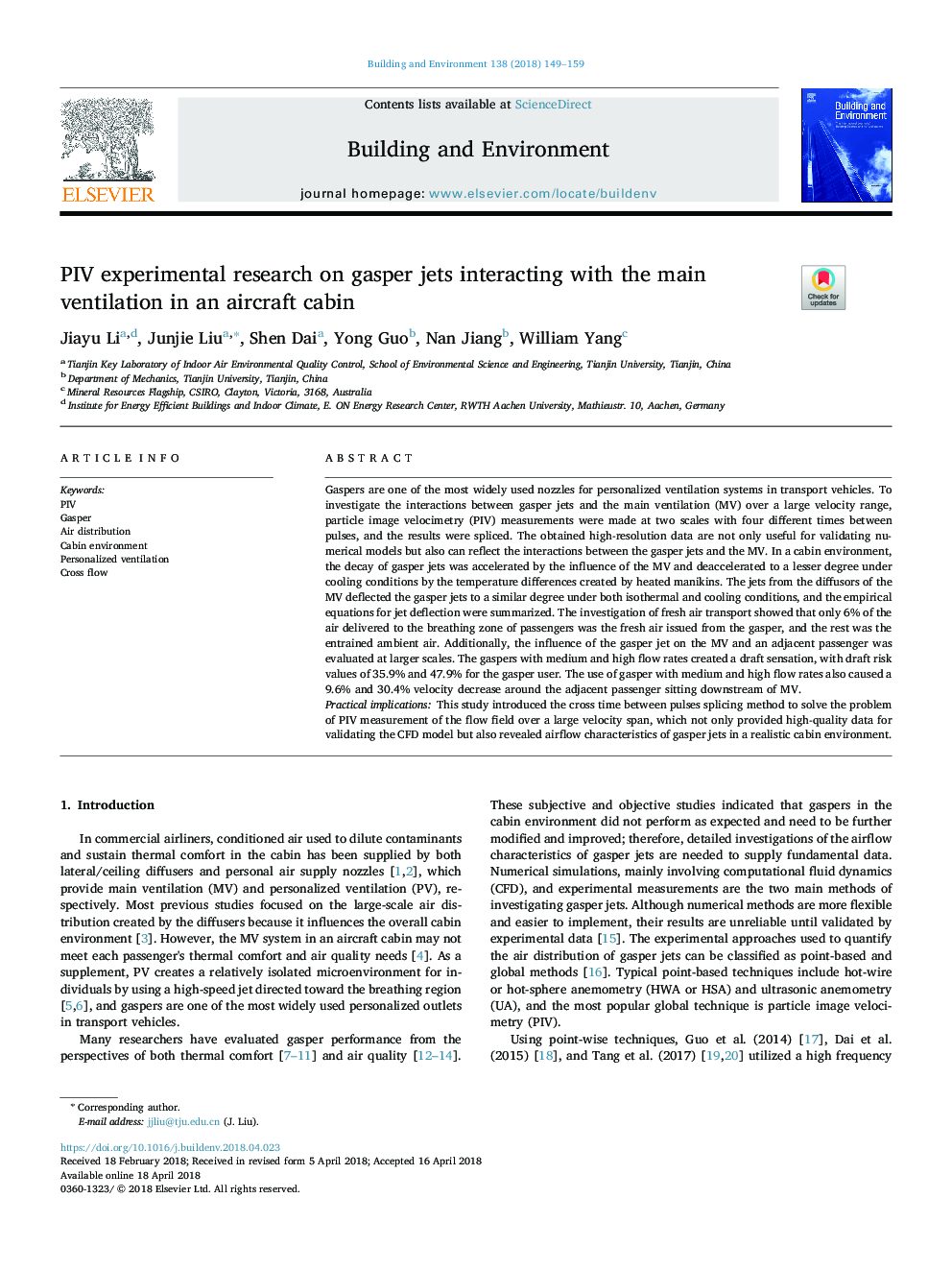 PIV experimental research on gasper jets interacting with the main ventilation in an aircraft cabin