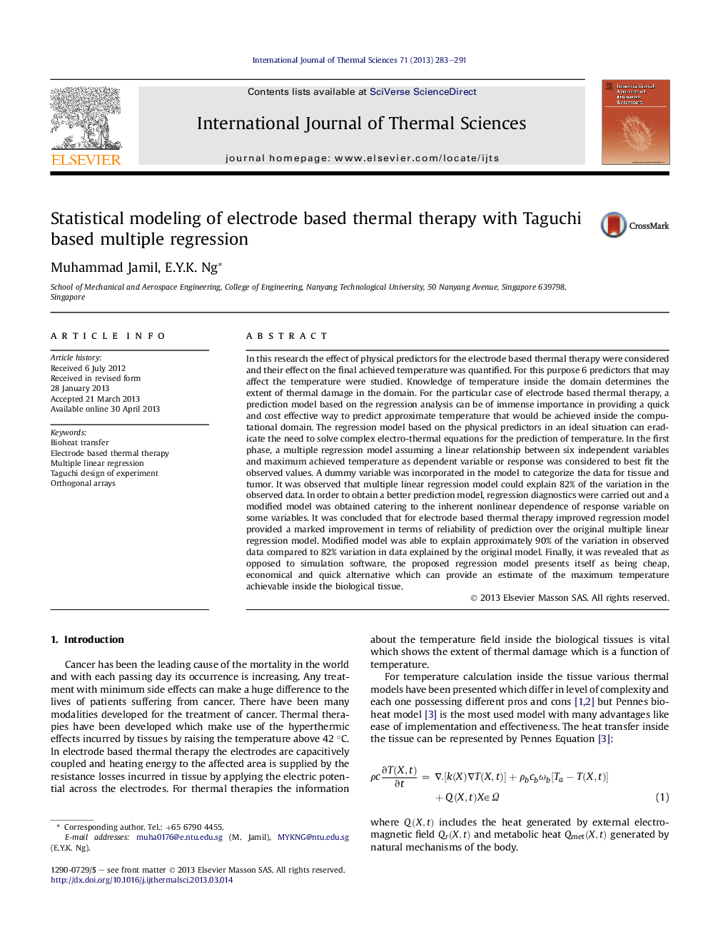 عکس صفحه اول مقاله: Statistical modeling of electrode based thermal therapy with Taguchi based multiple regression Statistical modeling of electrode based thermal therapy with Taguchi based multiple regression