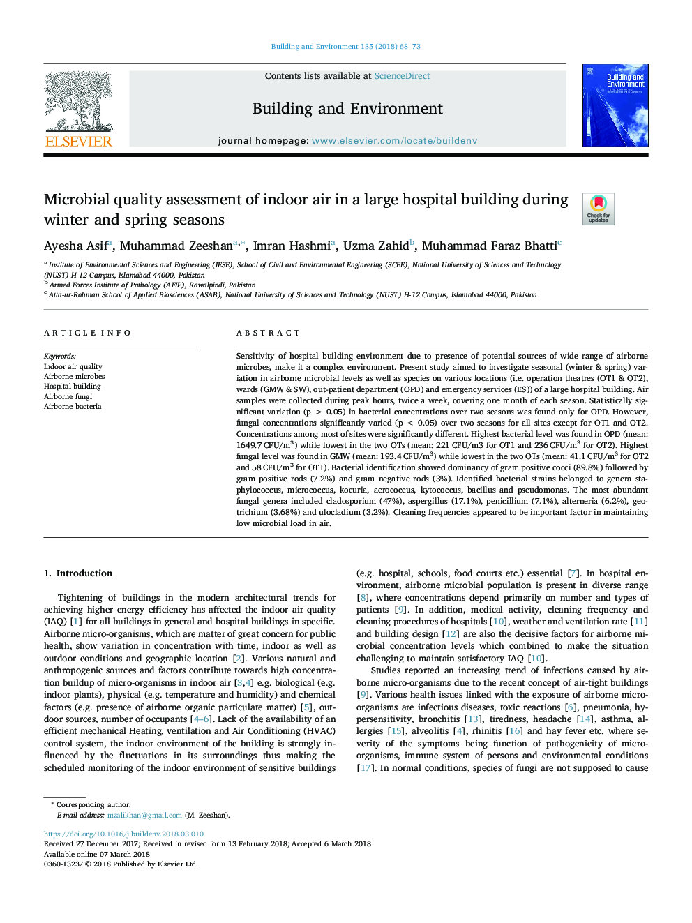 Microbial quality assessment of indoor air in a large hospital building during winter and spring seasons