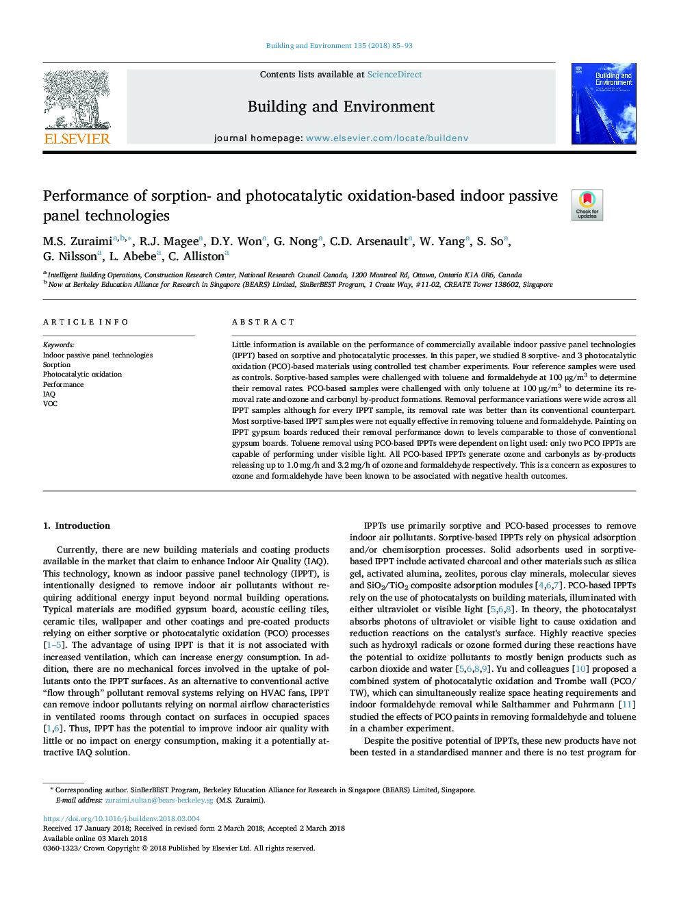 Performance of sorption- and photocatalytic oxidation-based indoor passive panel technologies