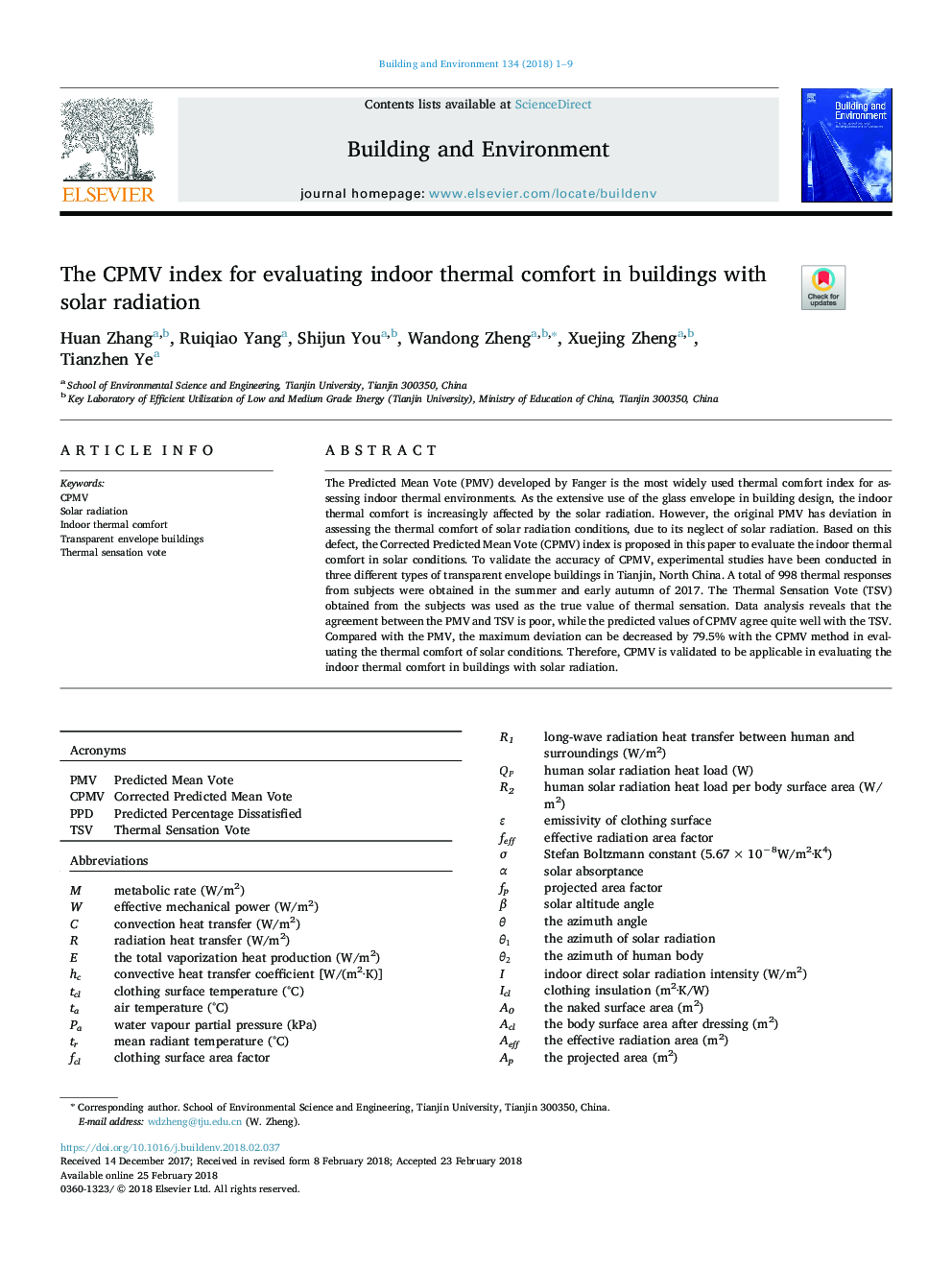 The CPMV index for evaluating indoor thermal comfort in buildings with solar radiation