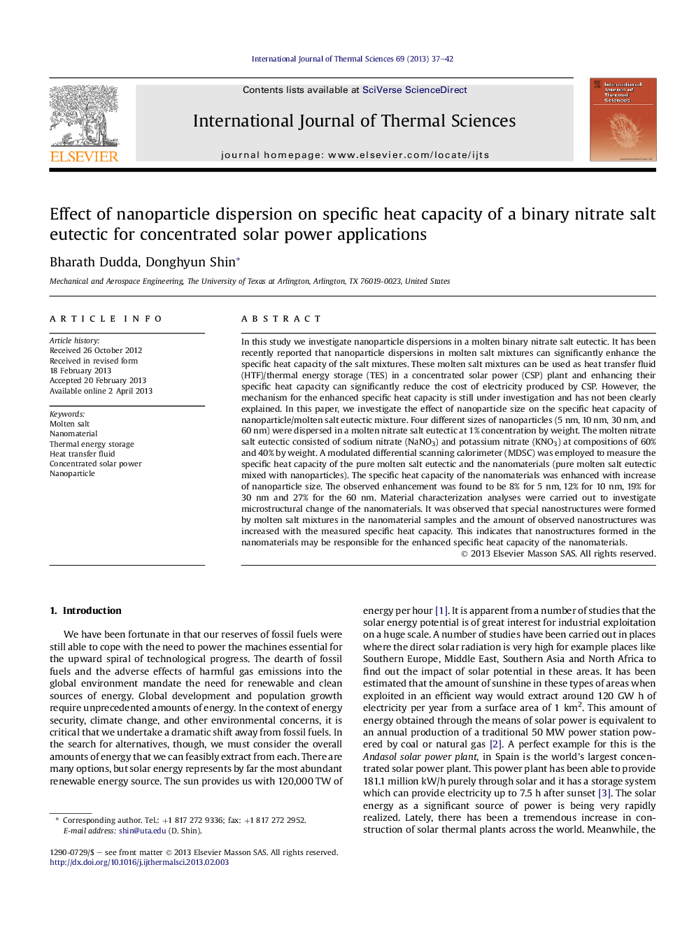 عکس صفحه اول مقاله: Effect of nanoparticle dispersion on specific heat capacity of a binary nitrate salt eutectic for concentrated solar power applications Effect of nanoparticle dispersion on specific heat capacity of a binary nitrate salt eutectic for concentrated solar power applications