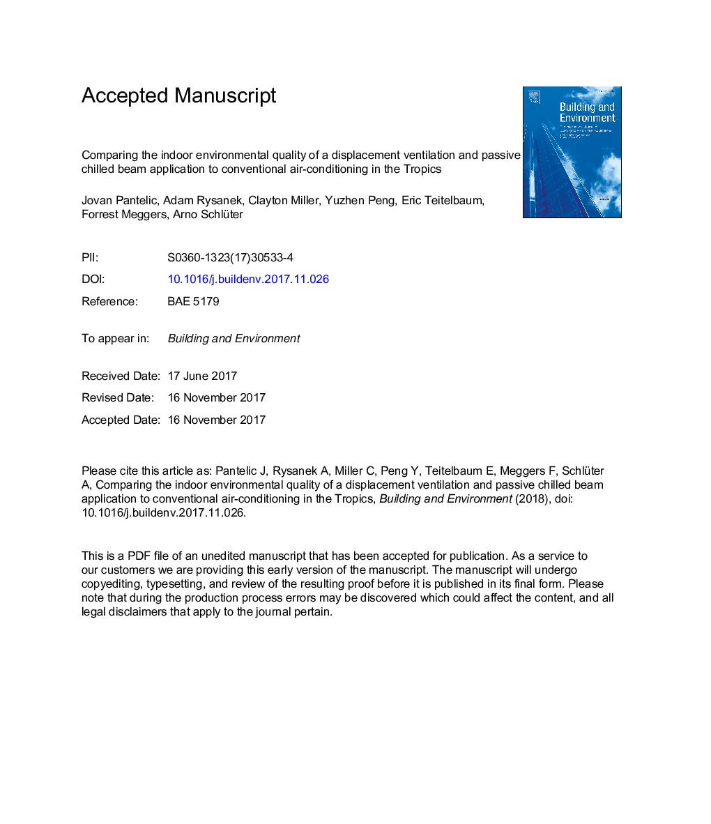 Comparing the indoor environmental quality of a displacement ventilation and passive chilled beam application to conventional air-conditioning in the Tropics