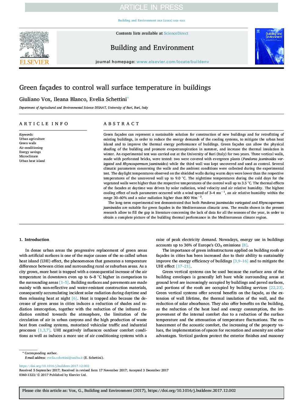 Green façades to control wall surface temperature in buildings