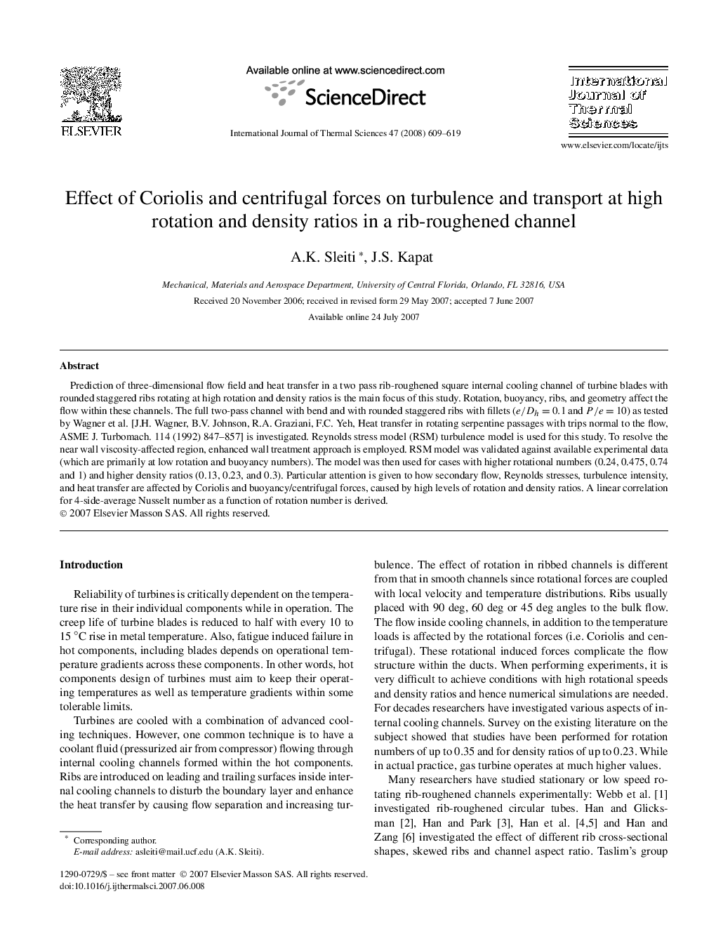 عکس صفحه اول مقاله: Effect of Coriolis and centrifugal forces on turbulence and transport at high rotation and density ratios in a rib-roughened channel Effect of Coriolis and centrifugal forces on turbulence and transport at high rotation and density ratios in a rib-roughened channel
