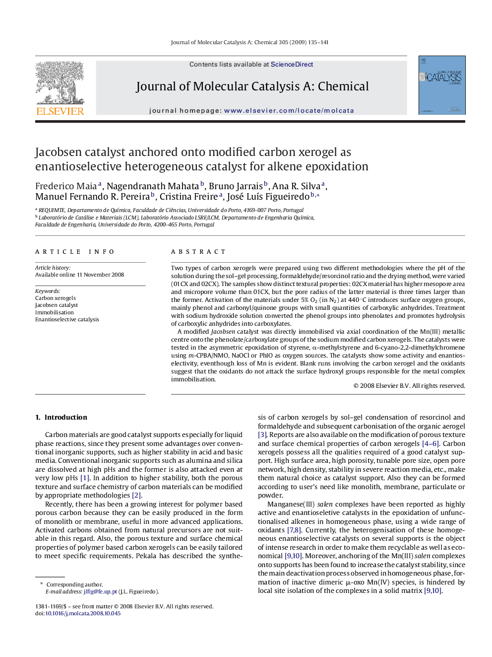 Jacobsen catalyst anchored onto modified carbon xerogel as enantioselective heterogeneous catalyst for alkene epoxidation