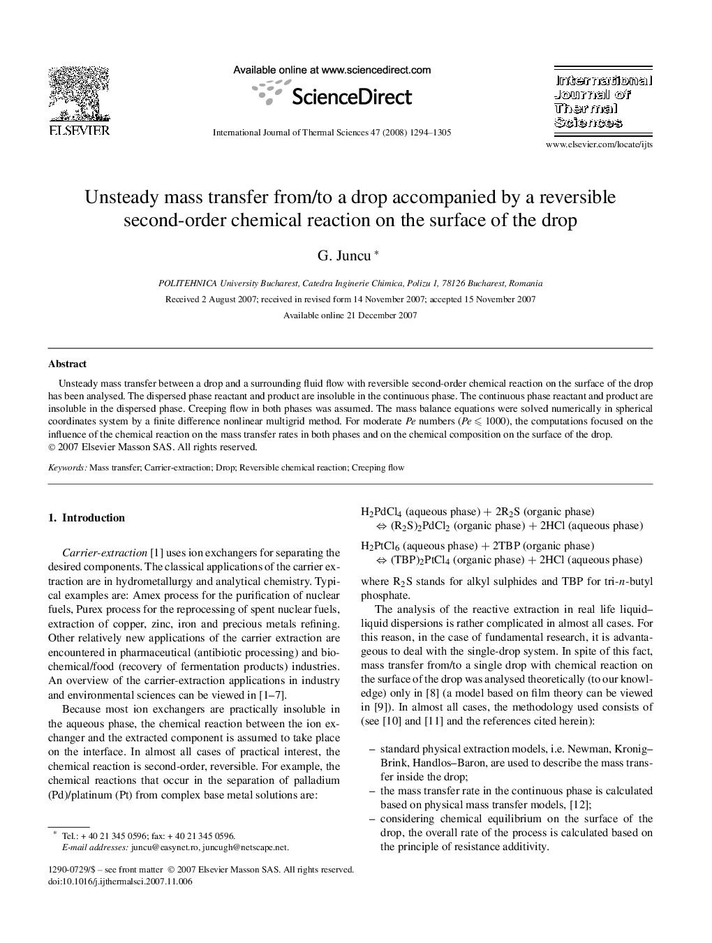 عکس صفحه اول مقاله: Unsteady mass transfer from/to a drop accompanied by a reversible second-order chemical reaction on the surface of the drop Unsteady mass transfer from/to a drop accompanied by a reversible second-order chemical reaction on the surface of the drop