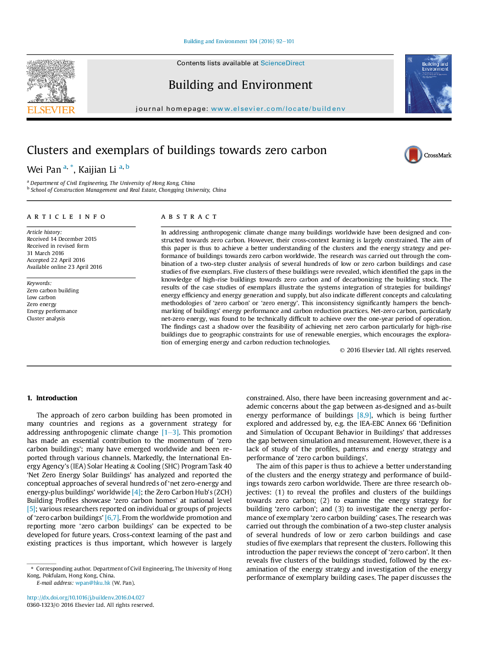 Clusters and exemplars of buildings towards zero carbon