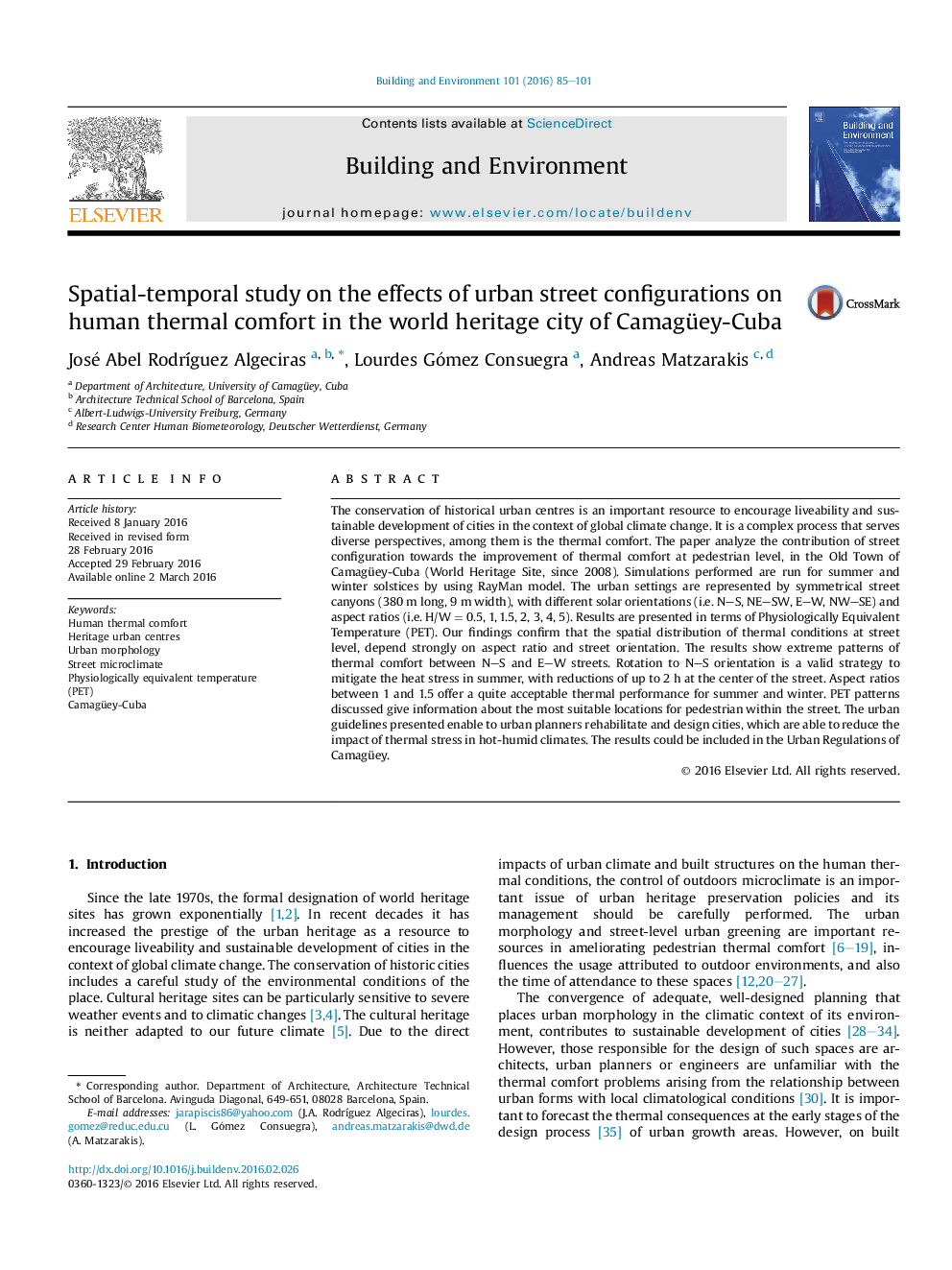 Spatial-temporal study on the effects of urban street configurations on human thermal comfort in the world heritage city of Camagüey-Cuba