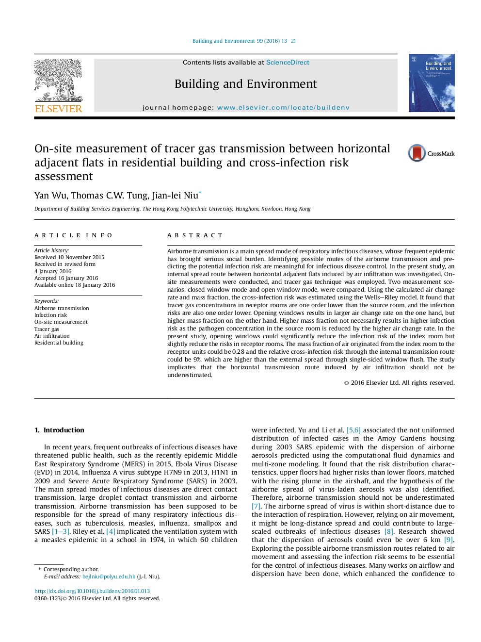 On-site measurement of tracer gas transmission between horizontal adjacent flats in residential building and cross-infection risk assessment