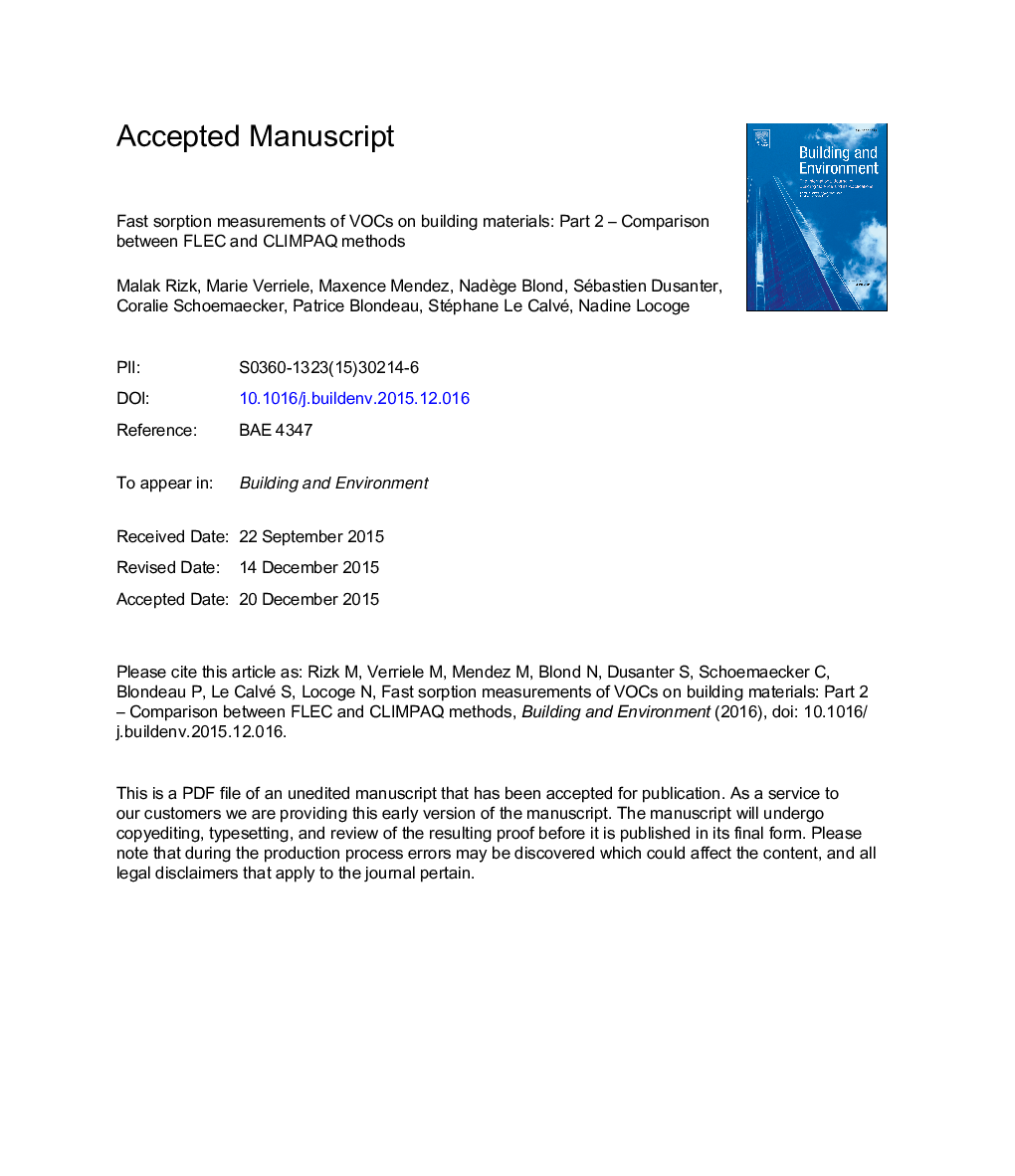 Fast sorption measurements of VOCs on building materials: Part 2 - Comparison between FLEC and CLIMPAQ methods