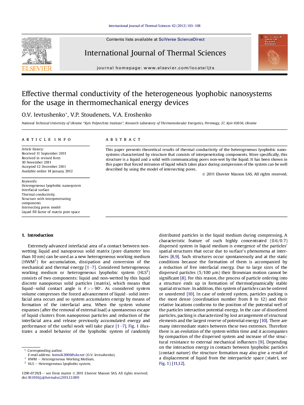 عکس صفحه اول مقاله: Effective thermal conductivity of the heterogeneous lyophobic nanosystems for the usage in thermomechanical energy devices Effective thermal conductivity of the heterogeneous lyophobic nanosystems for the usage in thermomechanical energy devices