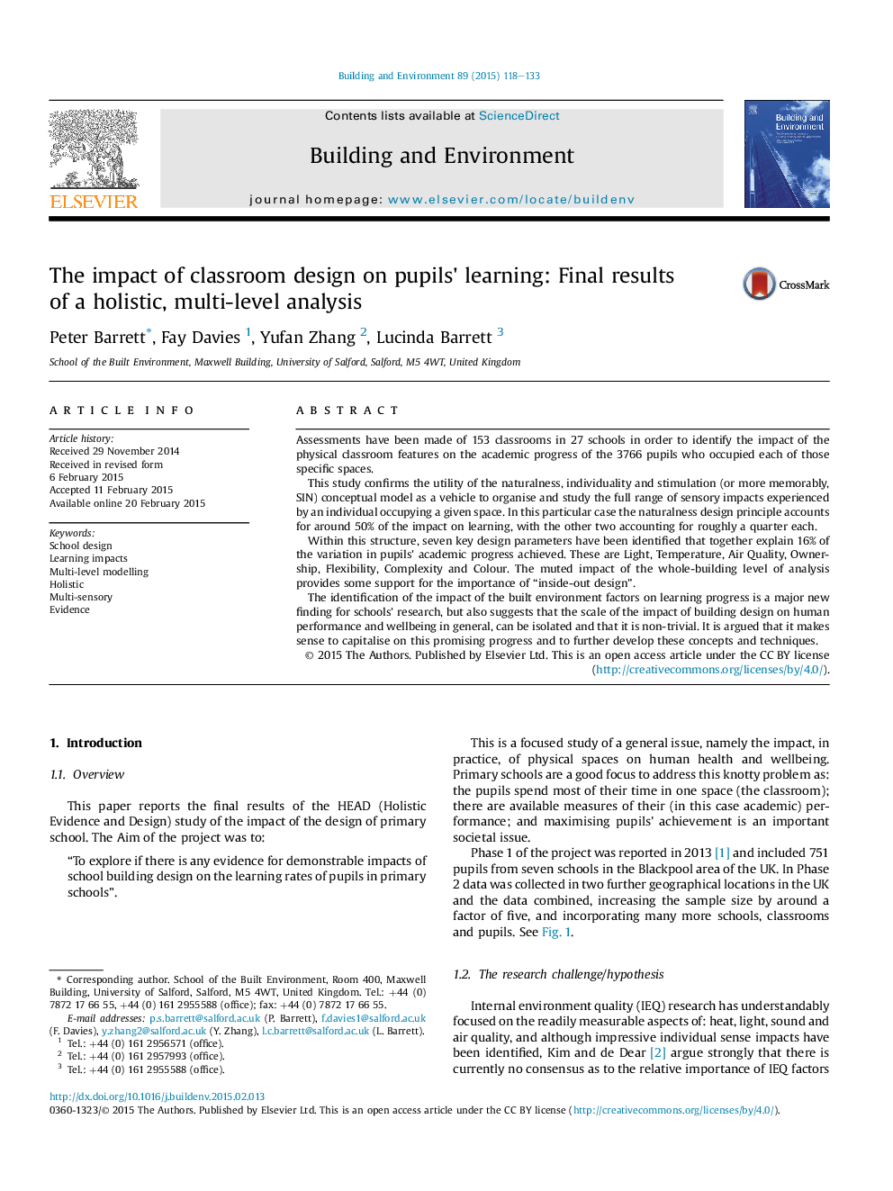 The impact of classroom design on pupils' learning: Final results ofÂ aÂ holistic, multi-level analysis