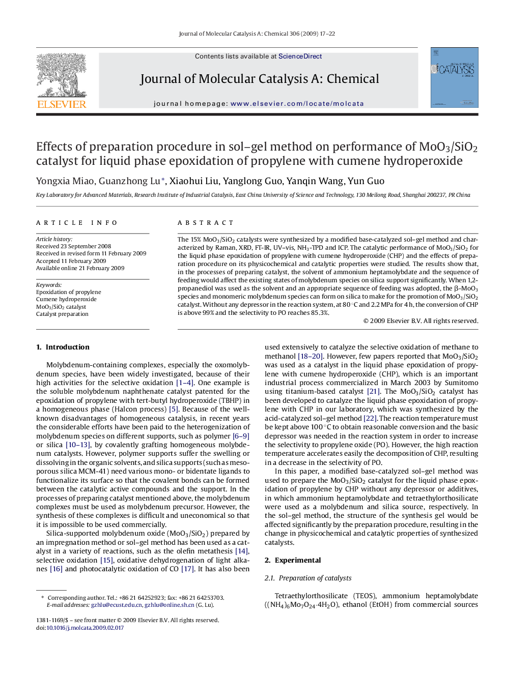 Effects of preparation procedure in sol–gel method on performance of MoO3/SiO2 catalyst for liquid phase epoxidation of propylene with cumene hydroperoxide