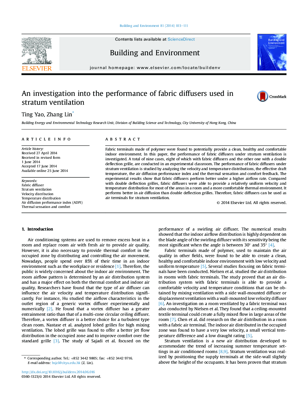 An investigation into the performance of fabric diffusers used in stratum ventilation