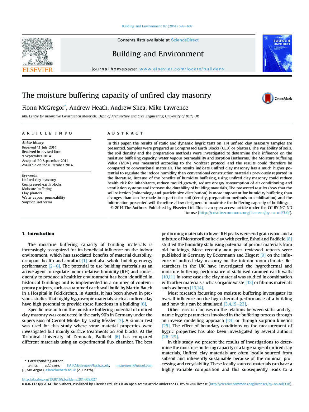 The moisture buffering capacity of unfired clay masonry