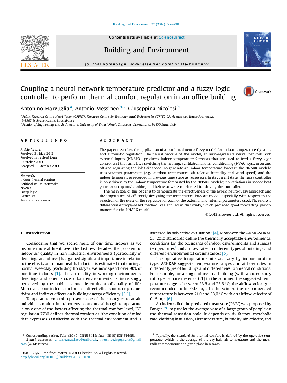 Coupling a neural network temperature predictor and a fuzzy logic controller to perform thermal comfort regulation in an office building