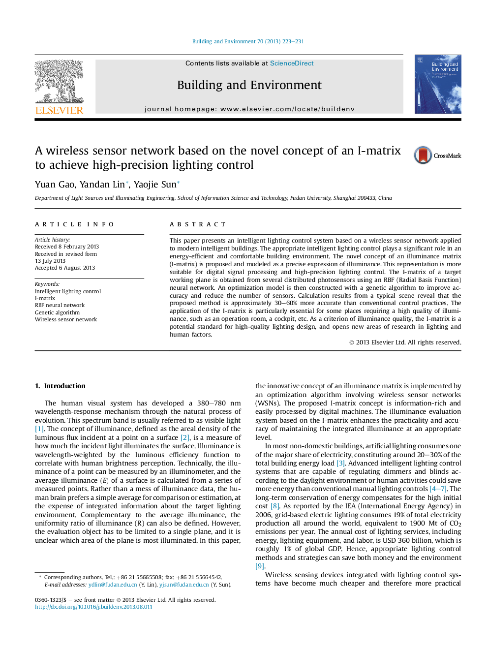 عکس صفحه اول مقاله: A wireless sensor network based on the novel concept of an I-matrix to achieve high-precision lighting control A wireless sensor network based on the novel concept of an I-matrix to achieve high-precision lighting control