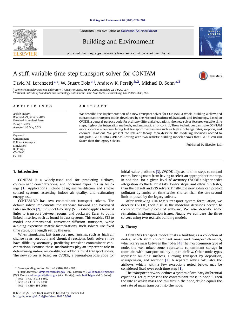 A stiff, variable time step transport solver for CONTAM