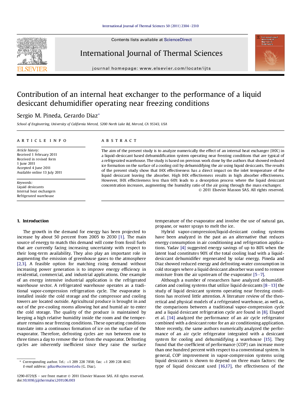 Contribution of an internal heat exchanger to the performance of a liquid desiccant dehumidifier operating near freezing conditions