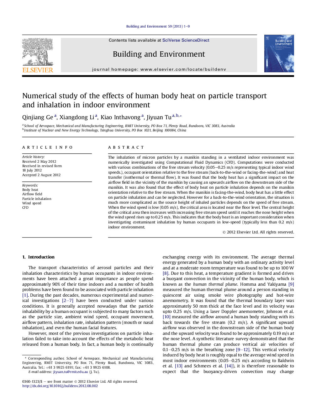 Numerical study of the effects of human body heat on particle transport andÂ inhalation in indoor environment