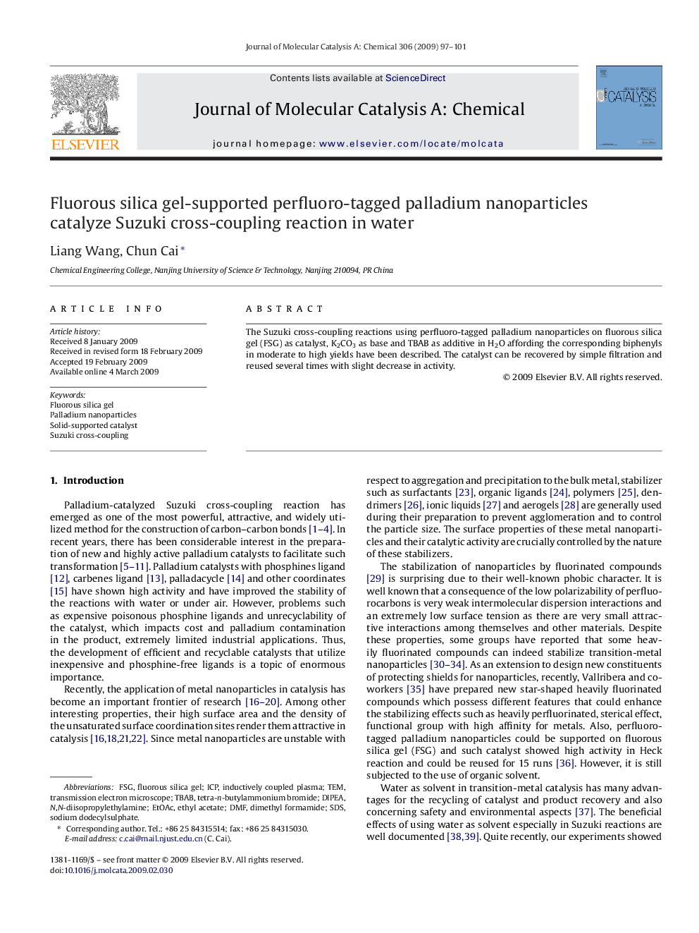 Fluorous silica gel-supported perfluoro-tagged palladium nanoparticles catalyze Suzuki cross-coupling reaction in water