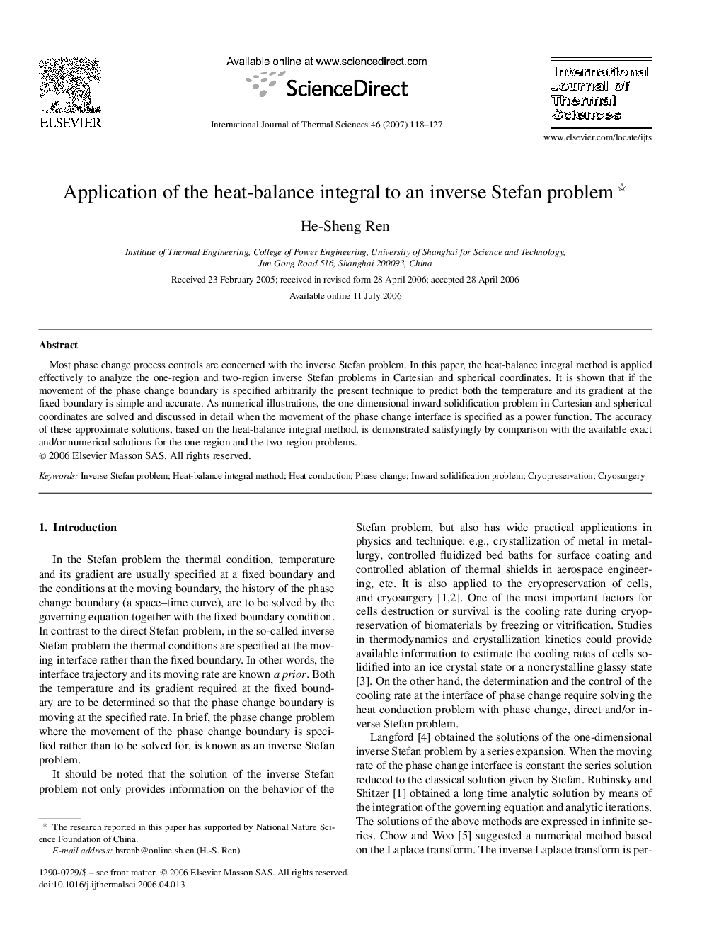 عکس صفحه اول مقاله: Application of the heat-balance integral to an inverse Stefan problem Application of the heat-balance integral to an inverse Stefan problem