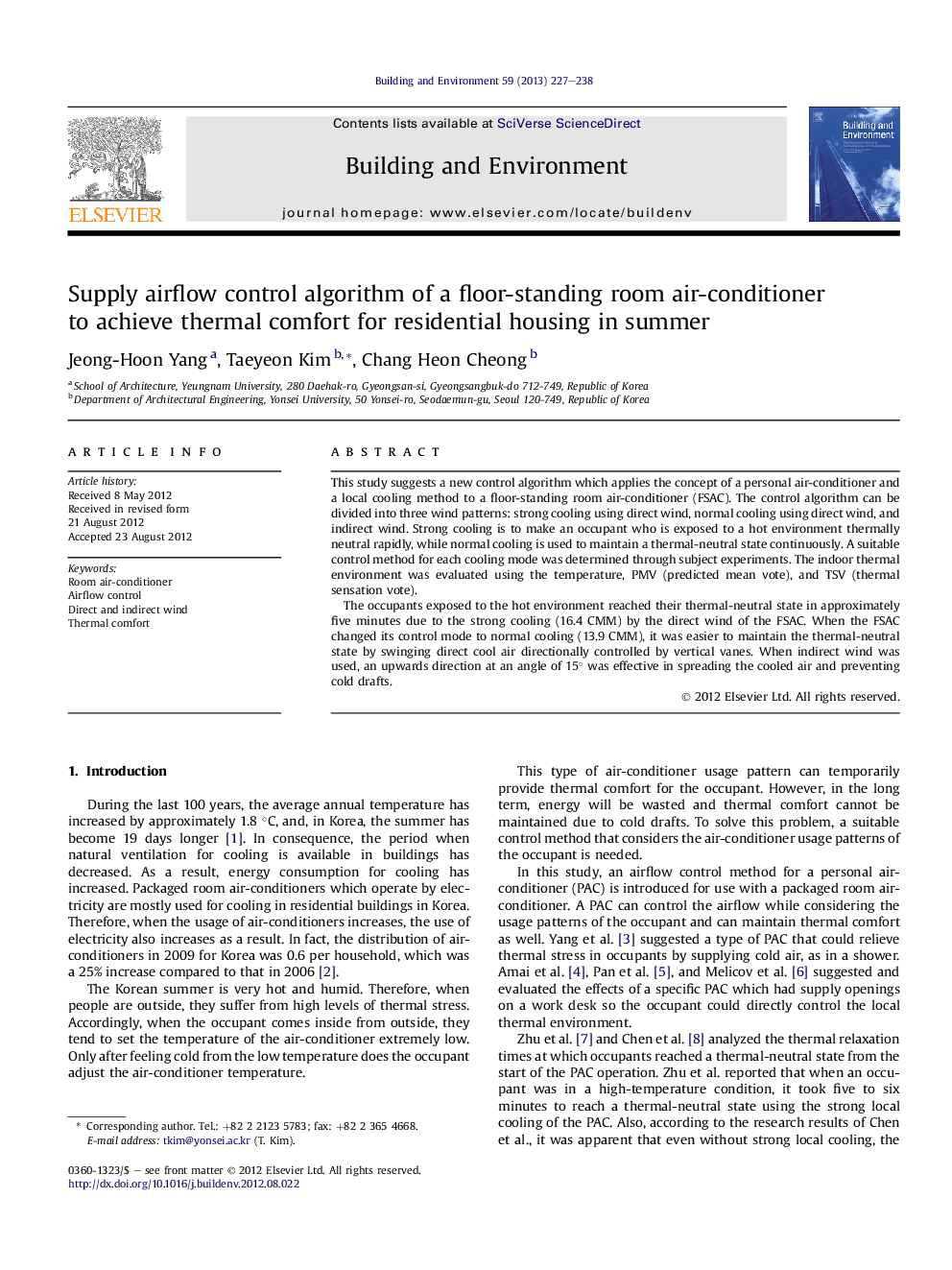 Supply airflow control algorithm of a floor-standing room air-conditioner toÂ achieve thermal comfort for residential housing in summer