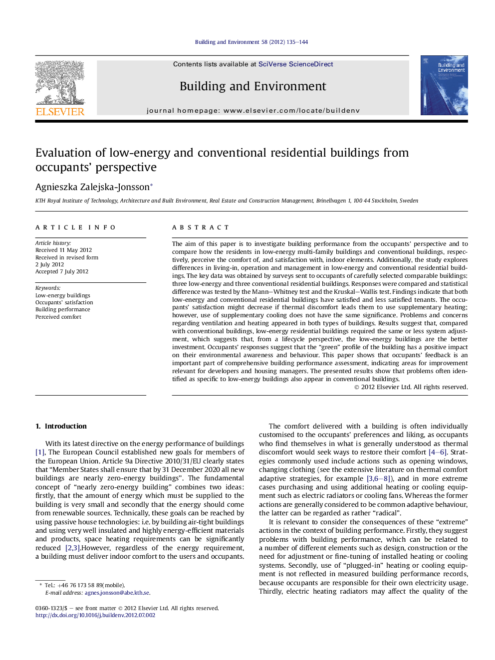 Evaluation of low-energy and conventional residential buildings from occupants' perspective