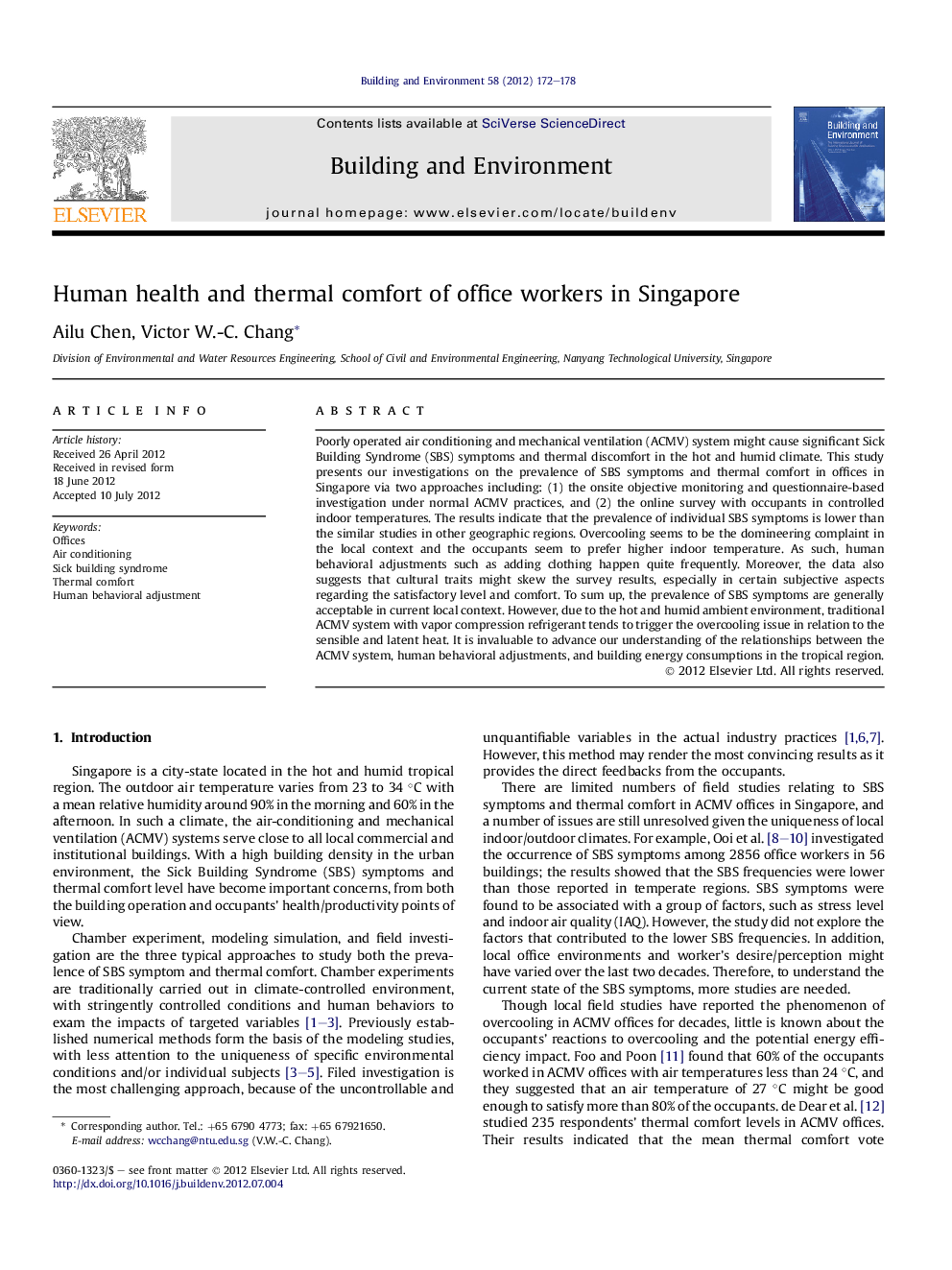 Human health and thermal comfort of office workers in Singapore