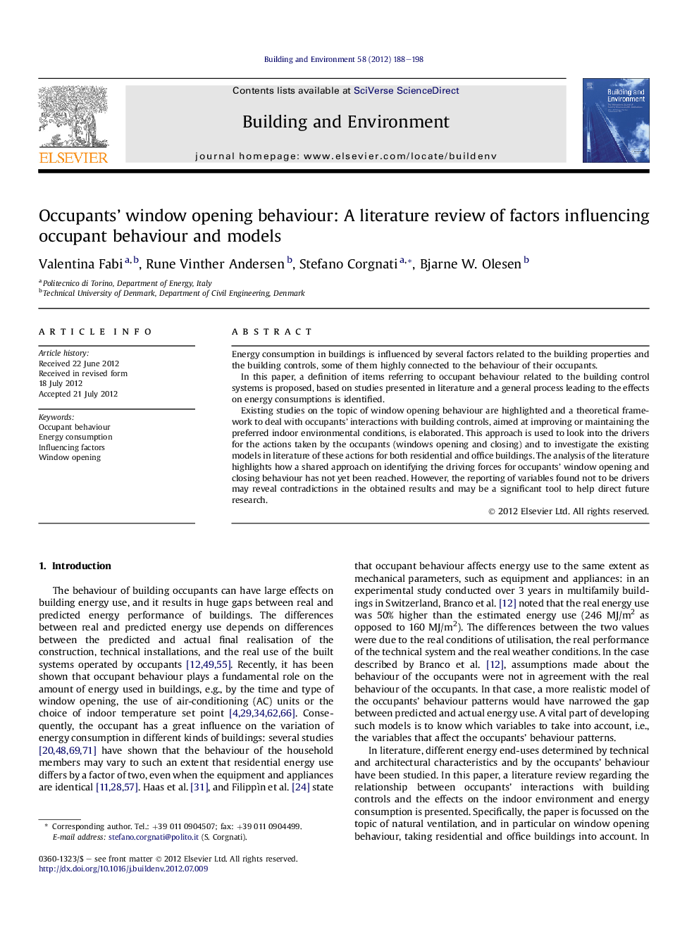 Occupants' window opening behaviour: A literature review of factors influencing occupant behaviour and models