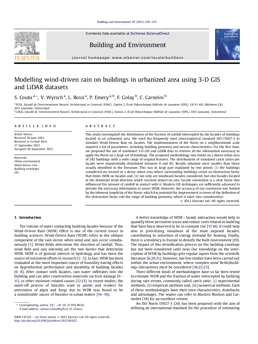 Modelling wind-driven rain on buildings in urbanized area using 3-D GIS and LiDAR datasets