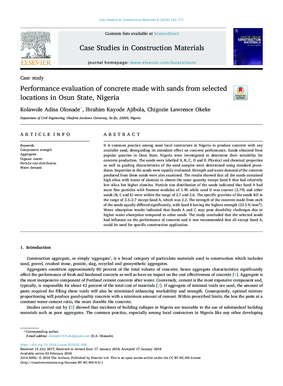 Performance evaluation of concrete made with sands from selected locations in Osun State, Nigeria