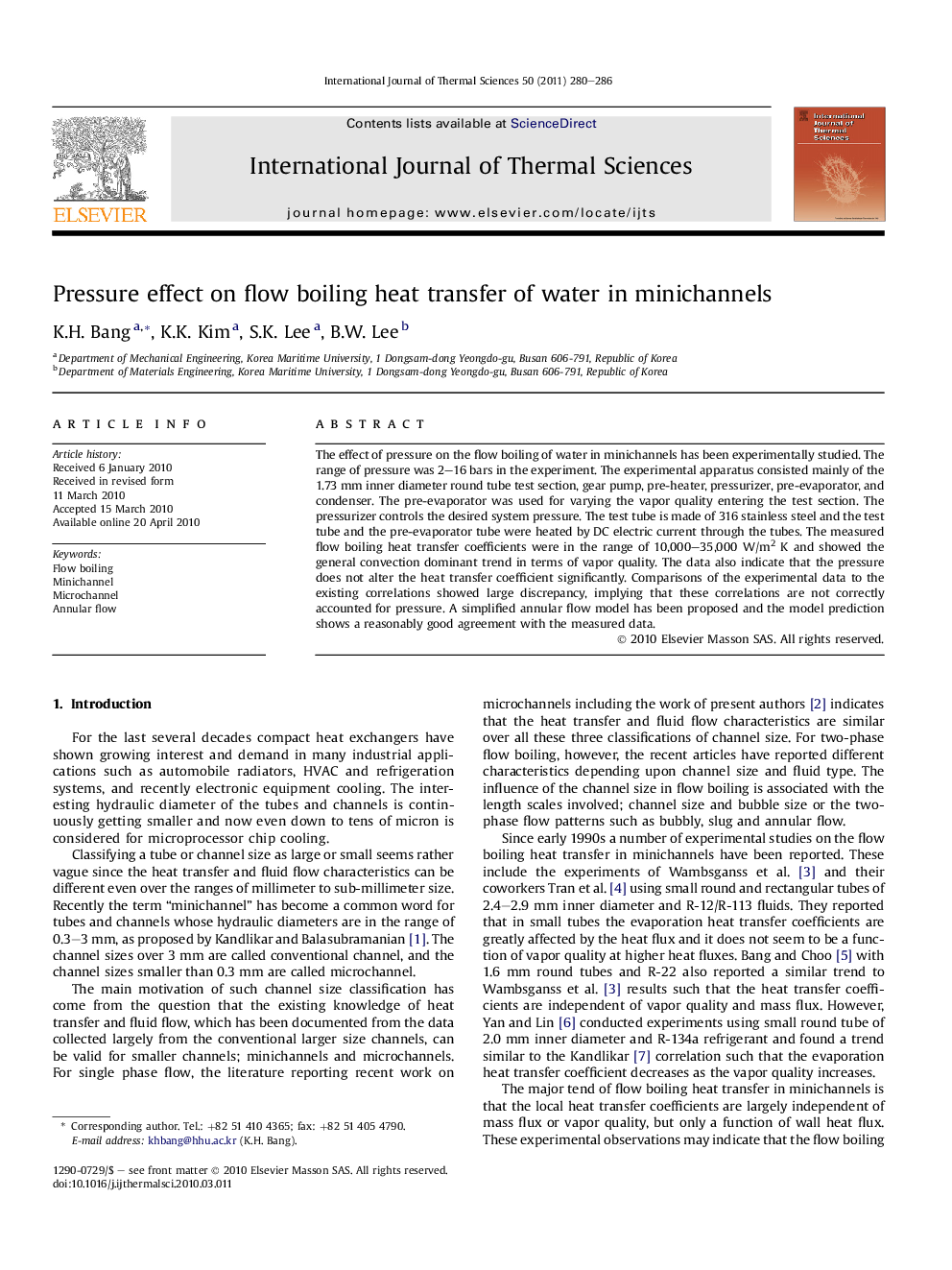 عکس صفحه اول مقاله: Pressure effect on flow boiling heat transfer of water in minichannels Pressure effect on flow boiling heat transfer of water in minichannels