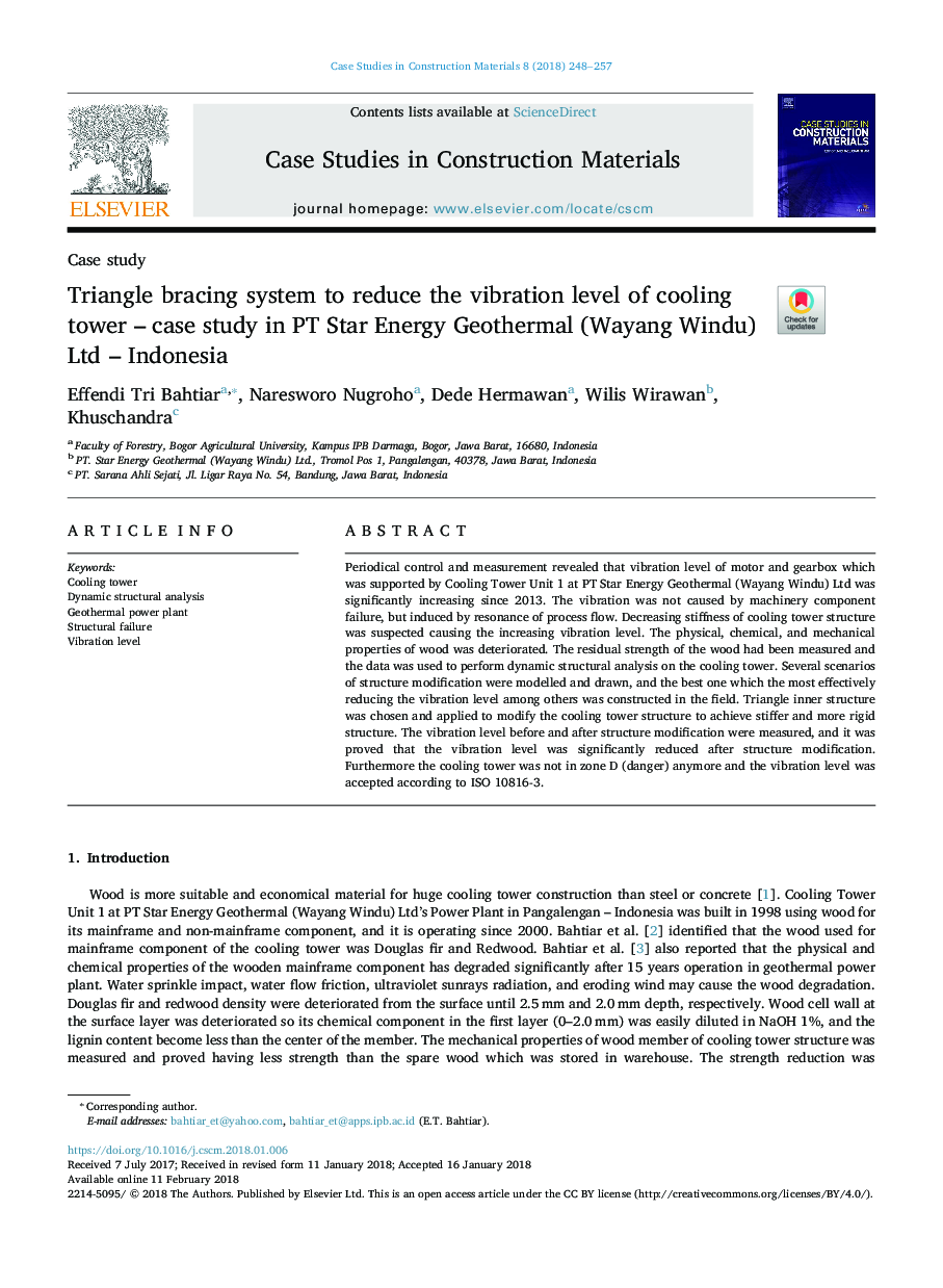 Triangle bracing system to reduce the vibration level of cooling tower - case study in PT Star Energy Geothermal (Wayang Windu) Ltd - Indonesia