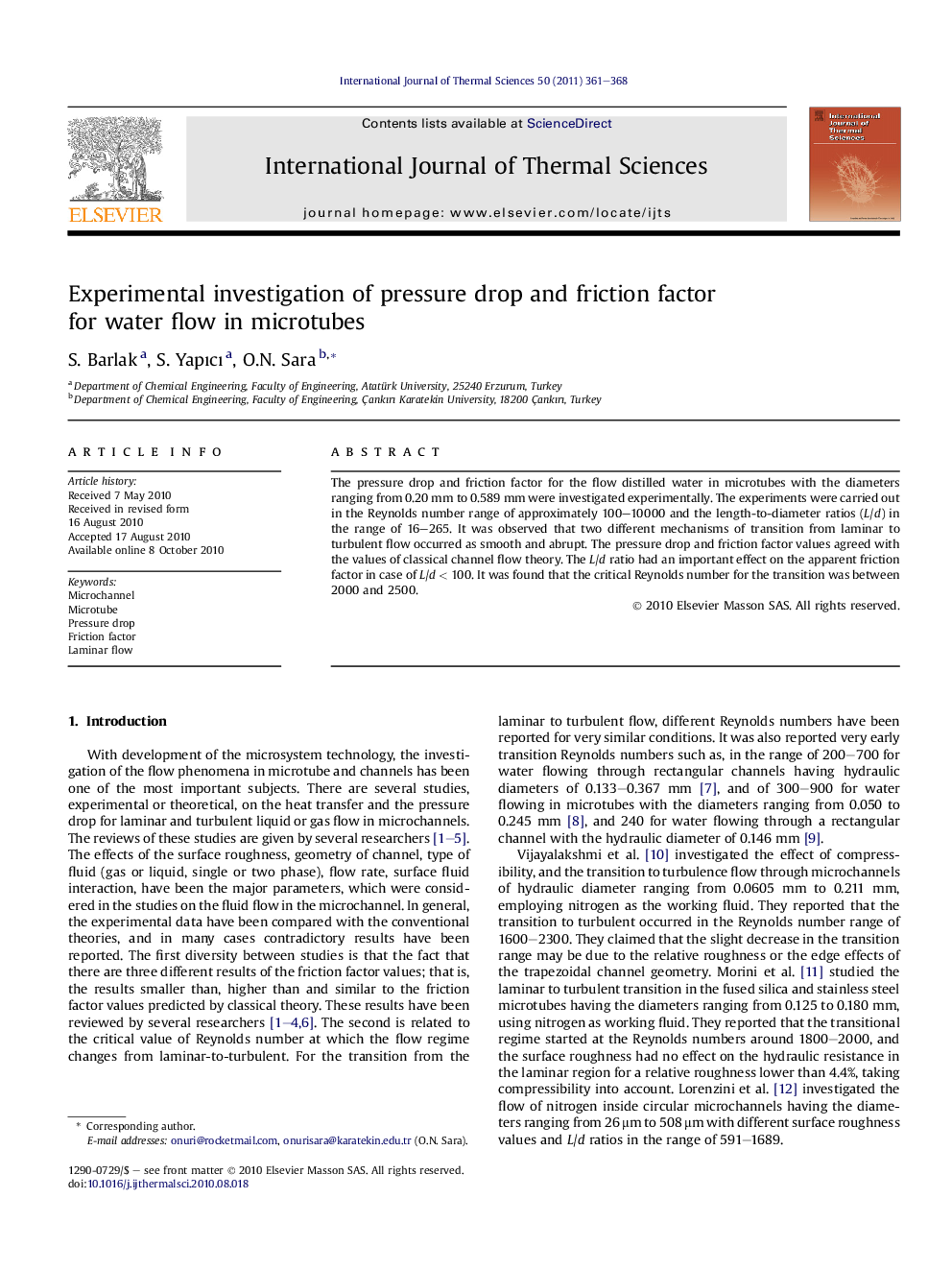 عکس صفحه اول مقاله: Experimental investigation of pressure drop and friction factor for water flow in microtubes Experimental investigation of pressure drop and friction factor for water flow in microtubes