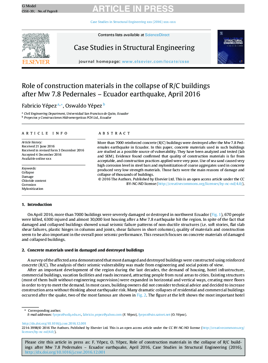Role of construction materials in the collapse of R/C buildings after Mw 7.8 Pedernales - Ecuador earthquake, April 2016