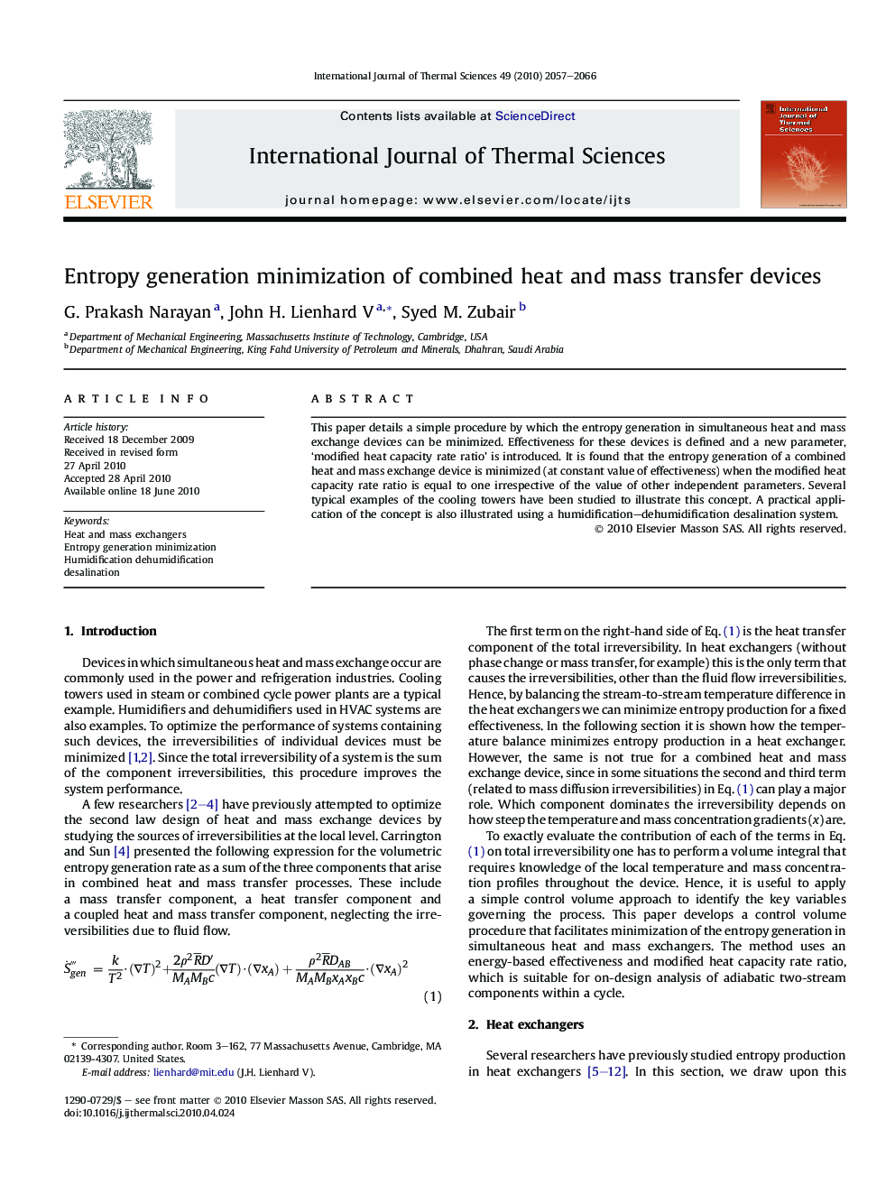 Entropy generation minimization of combined heat and mass transfer devices