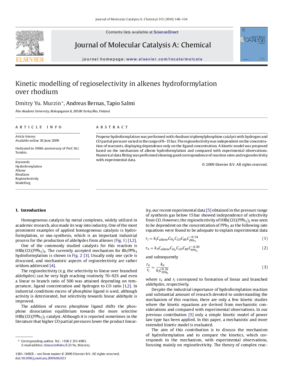 عکس صفحه اول مقاله: Kinetic modelling of regioselectivity in alkenes hydroformylation over rhodium Kinetic modelling of regioselectivity in alkenes hydroformylation over rhodium