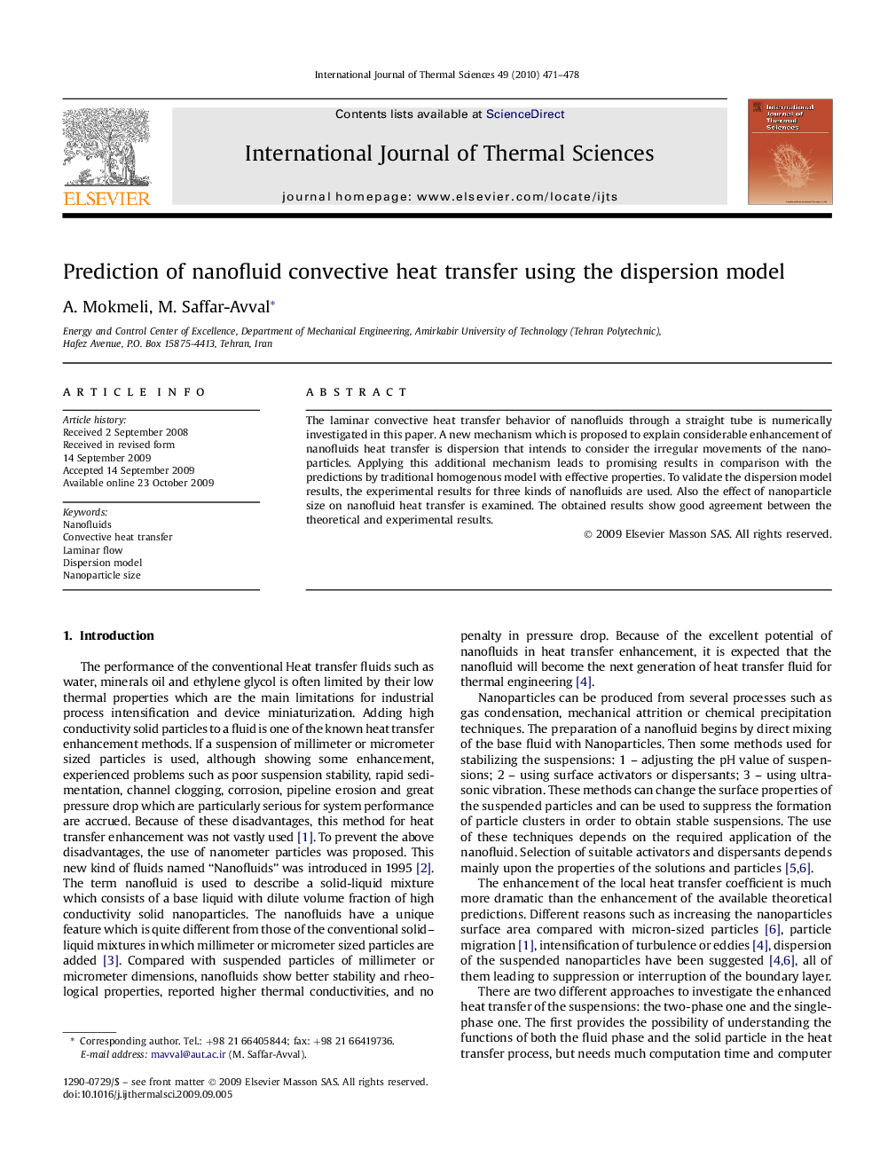 Prediction of nanofluid convective heat transfer using the dispersion model